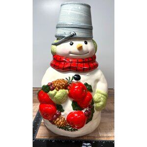 Hallmark Snowman Holiday Cookie Jar Ceramic Metal Bucket Hat Large